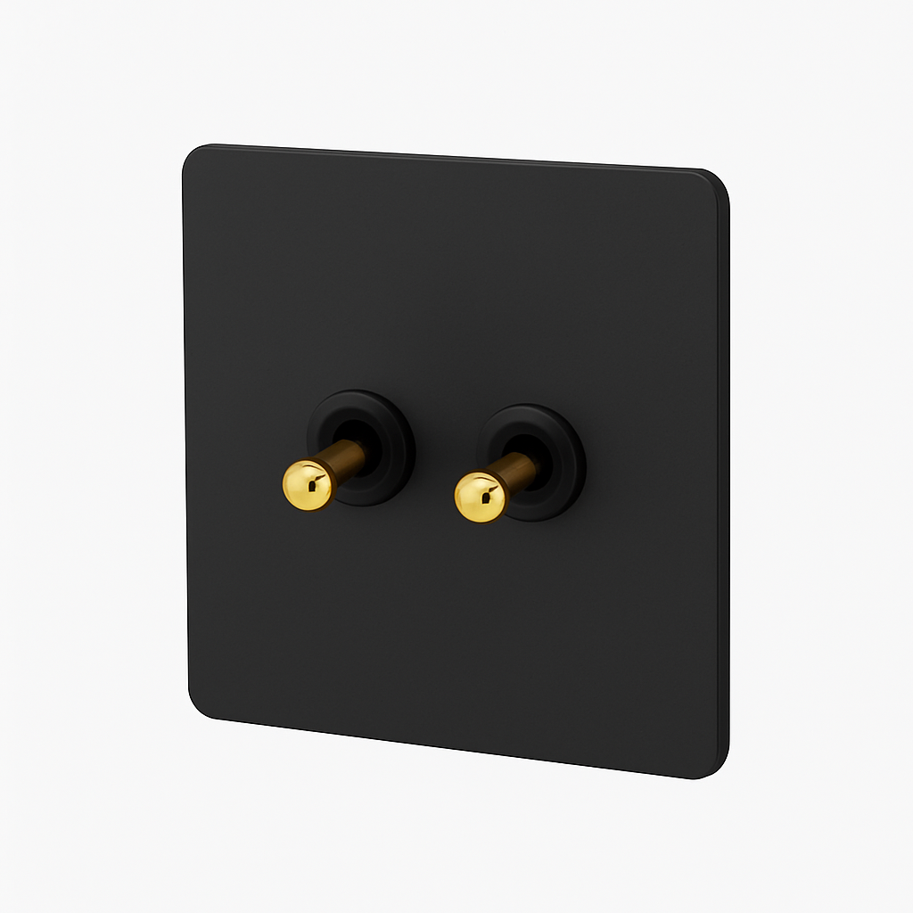 Interrupteur double 2 voies en acier noir mat et doré bords arrondis