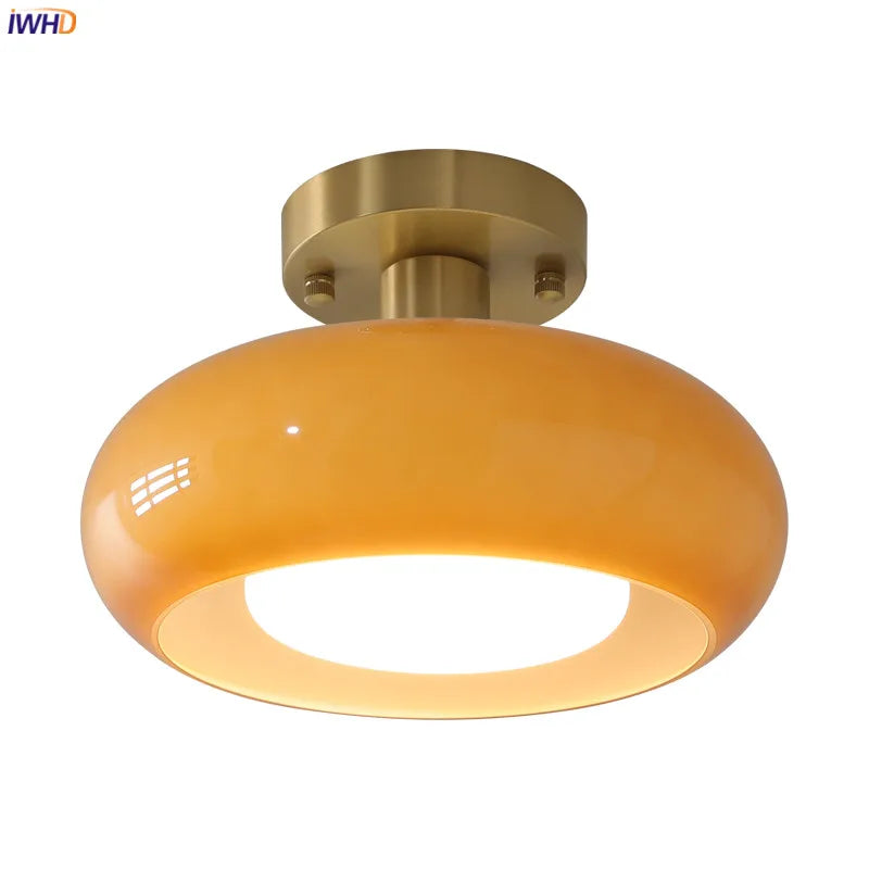 IWHD nordique plafond moderne à LEDs lampe maison éclairage intérieur chambre salon salle à manger cuivre jaune verre abat-jour lampara