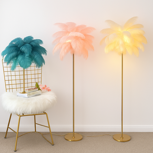 lampadaire décoratif nordique avec plumes d'autruche et éclairage led