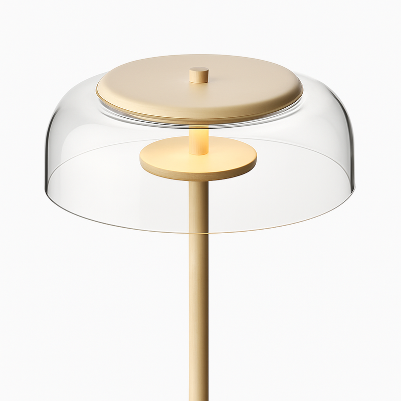 Lampadaire doré avec abat-jour en verre arrondi