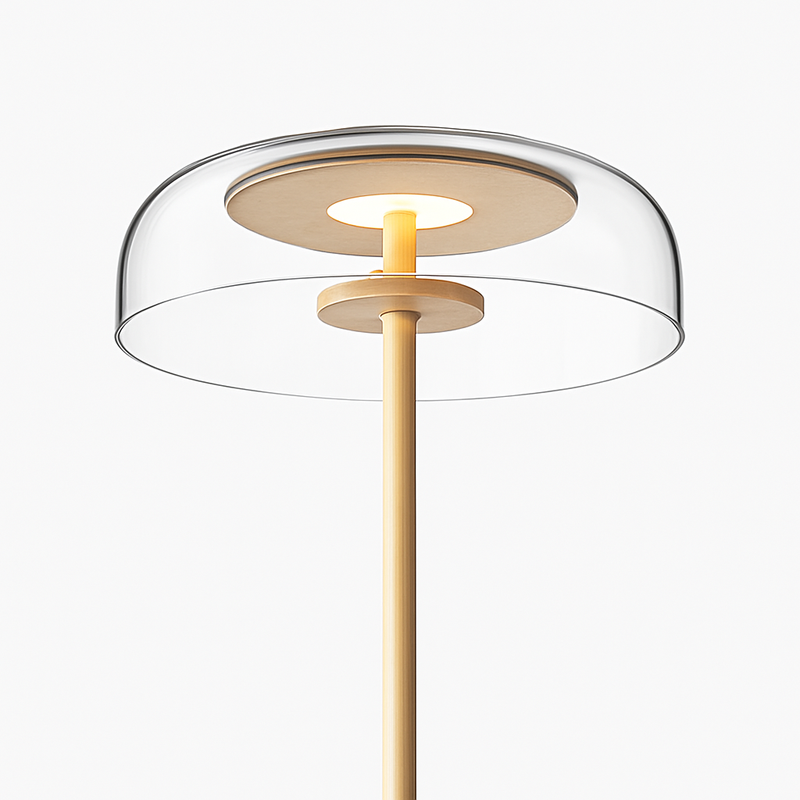 Lampadaire doré avec abat-jour en verre arrondi