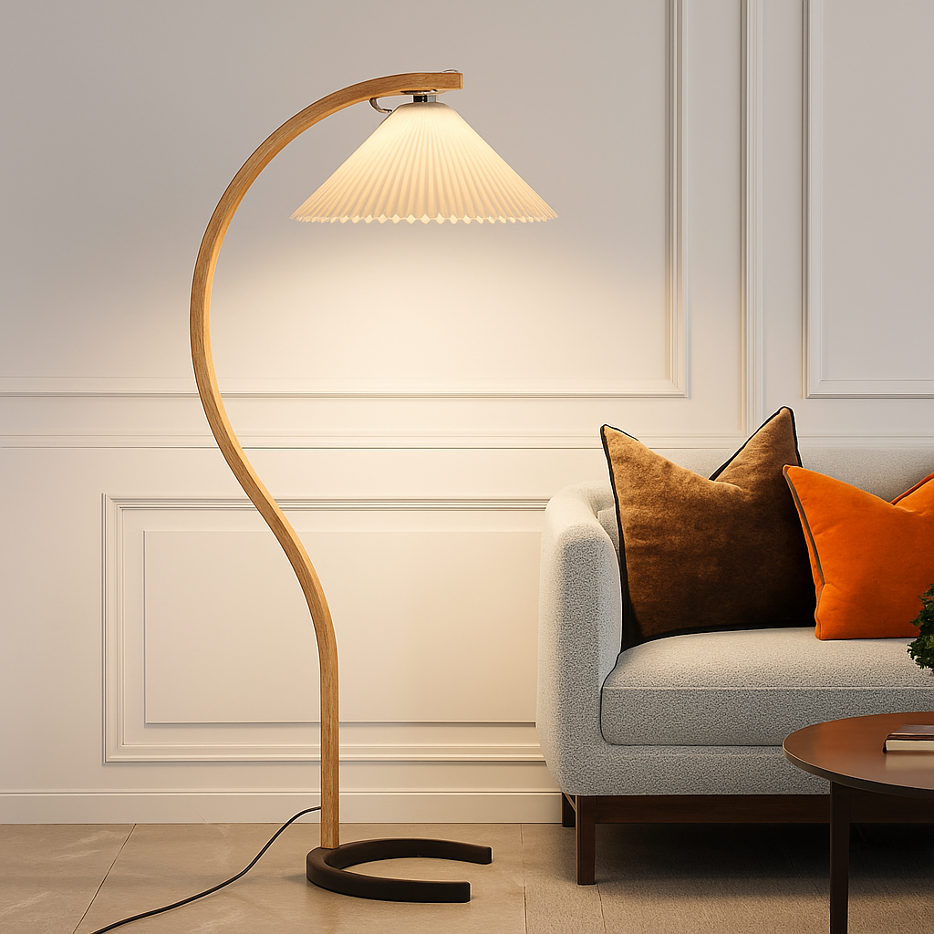 Lampadaire LED plissée en bois naturel et noyer - vue 6 sur 9