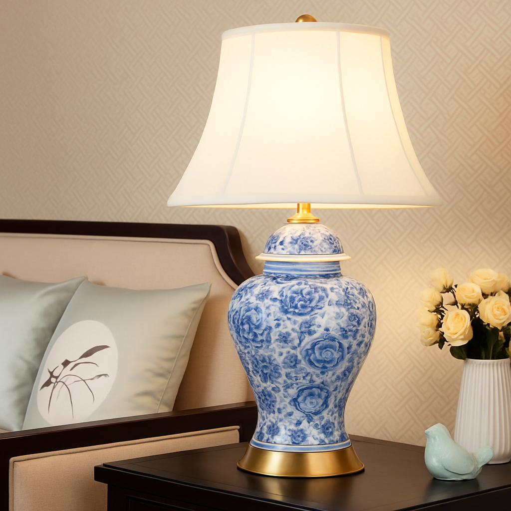 Lampe à poser LED en céramique bleu avec abat-jour blanc style Japonais