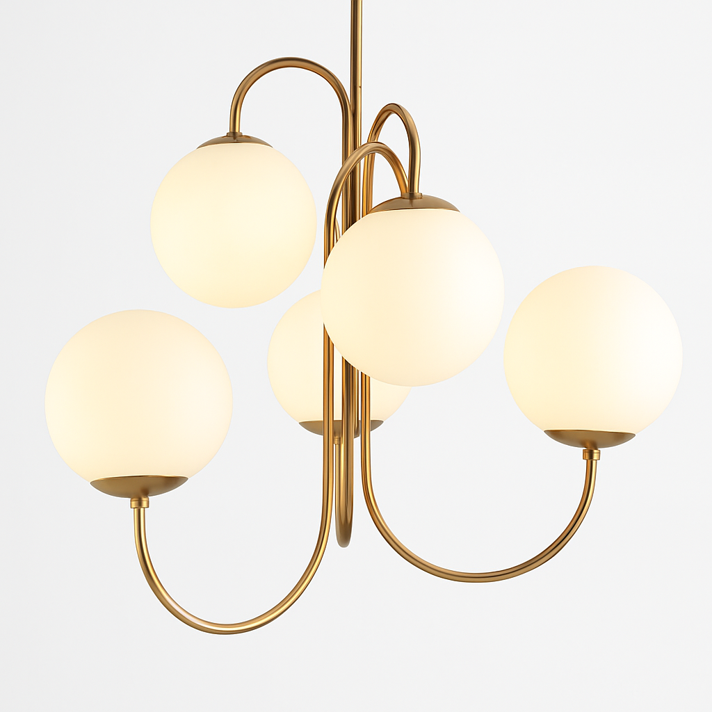 Lustre design avec branches dorées et boule de verre - vue 4 sur 5