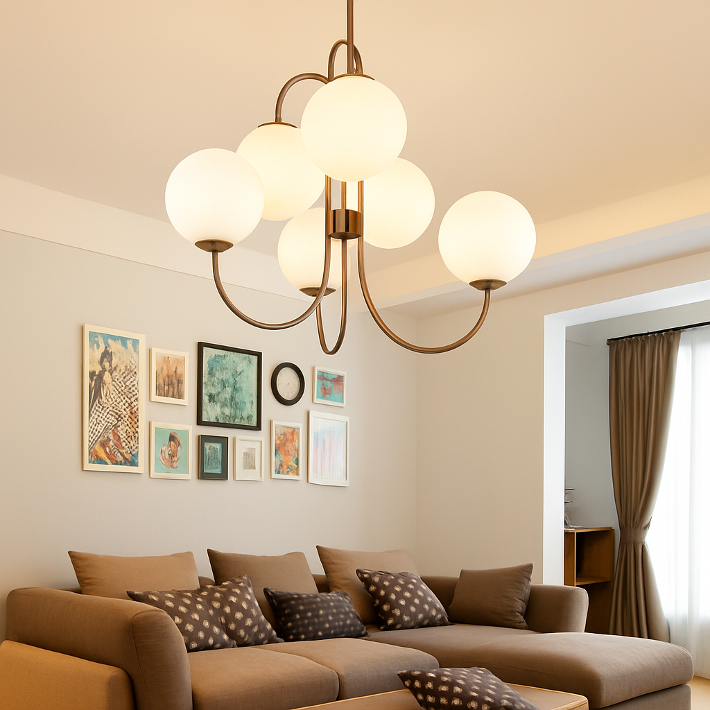 Lustre design avec branches dorées et boule de verre - vue 5 sur 5