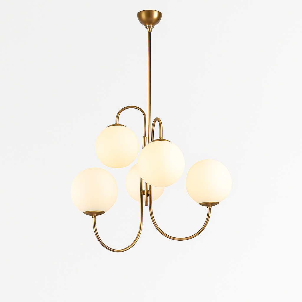 Lustre design avec branches dorées et boule de verre - vue 6 sur 5