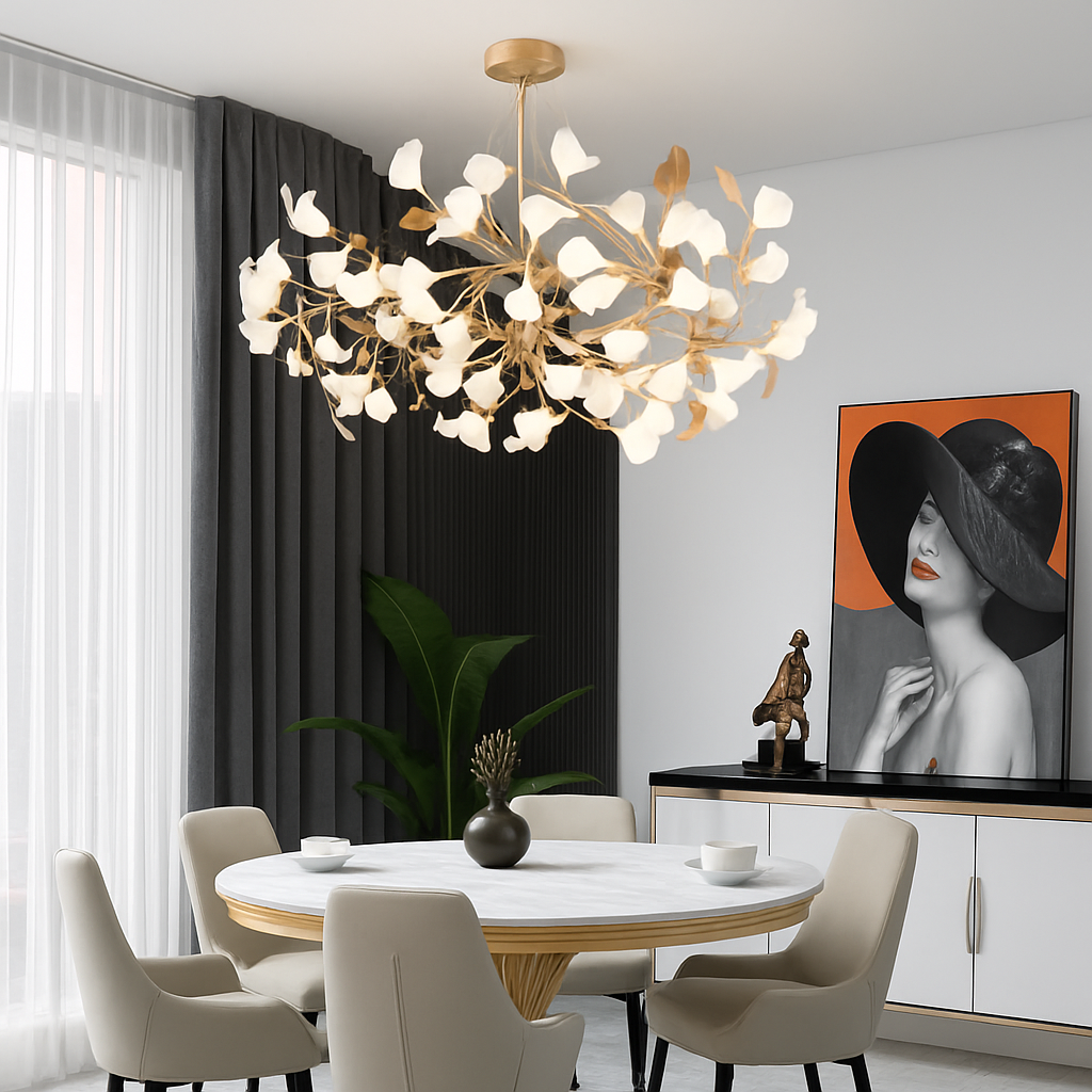 Lustre design Feuilles de céramique de luxe et Branches d'or - vue 7 sur 17