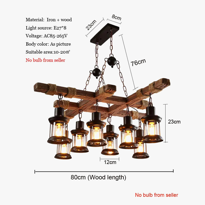lustre industriel rétro en bois et fer avec 8 lampes