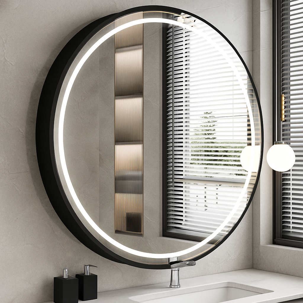 miroir rond lumineux antibuée intensité variable cadre aluminium verre HD