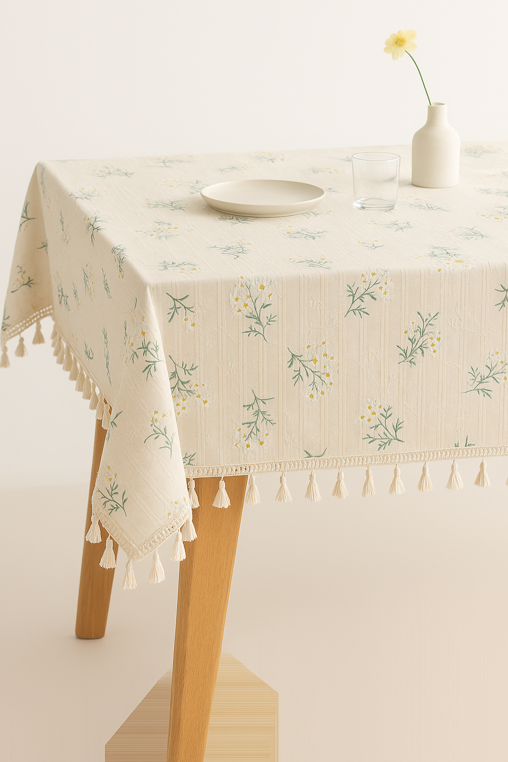 Nappe coton brodée motifs floraux style coréen pompons