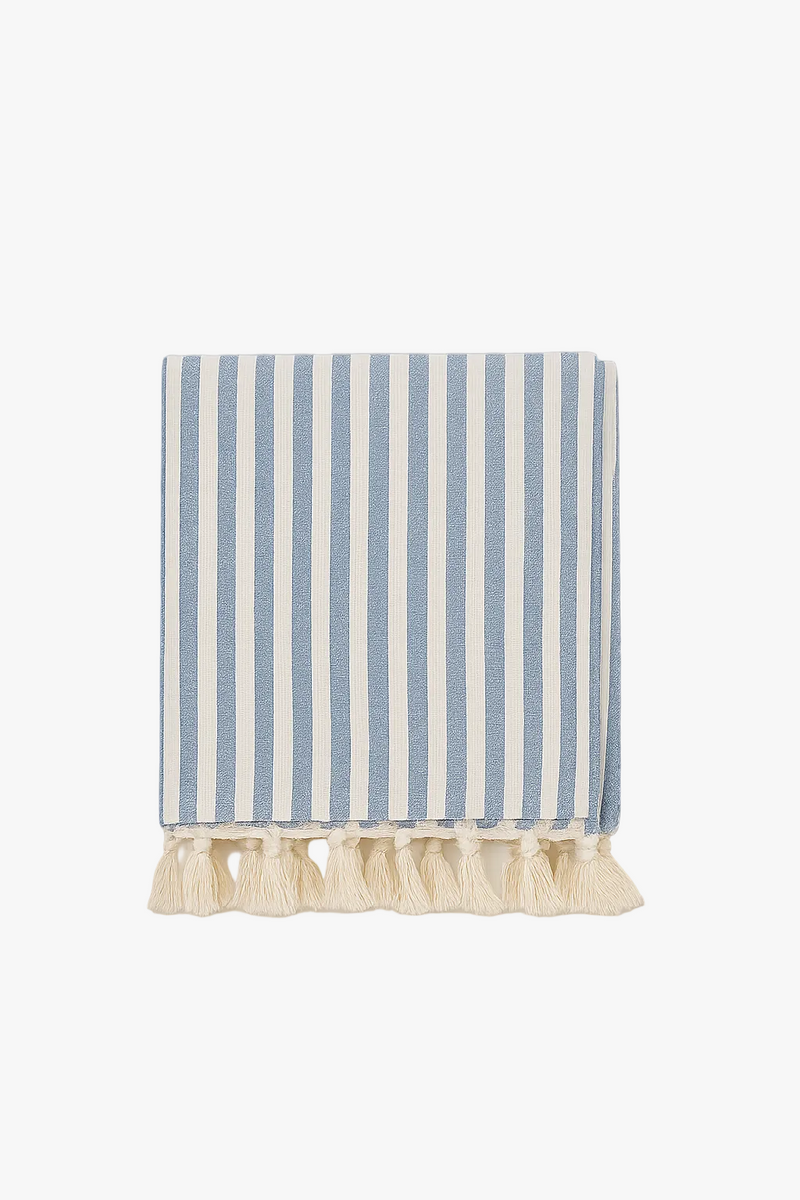 Nappe coton lin style bohème rayures pompons table