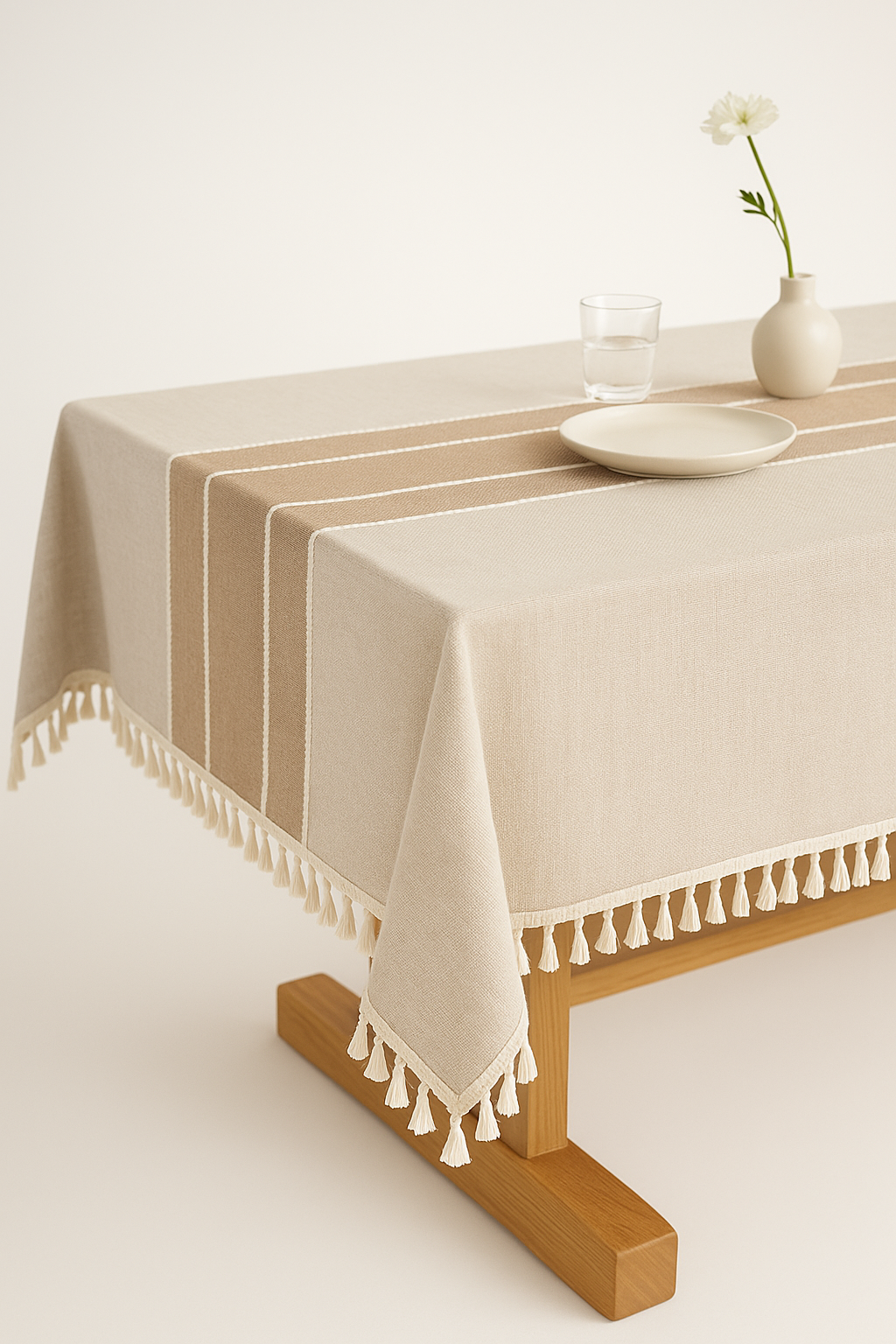 Nappe coton polyester imperméable style champêtre rayures pompons