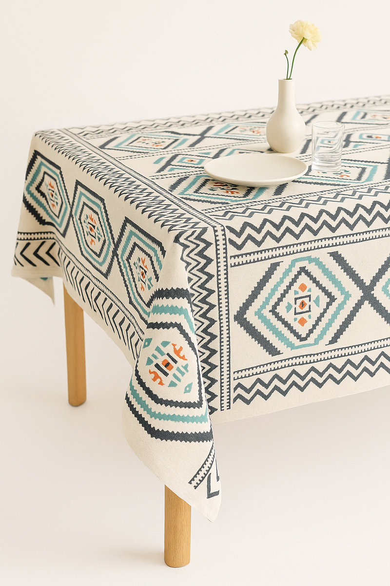 Nappe motif pivoines style ins avec pompons décoratifs