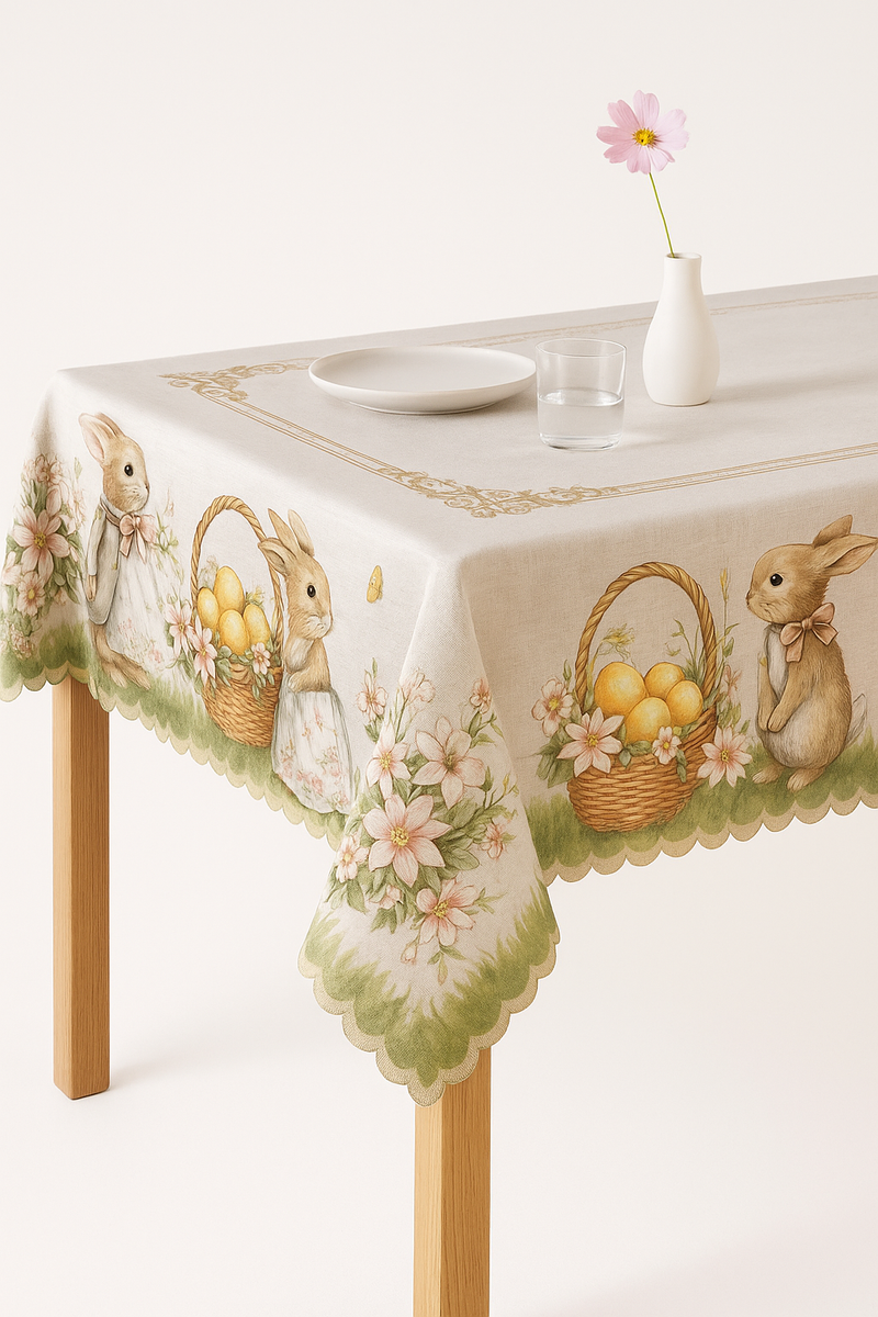 Nappe motifs lapins paques fleurs style pastoral impermeable