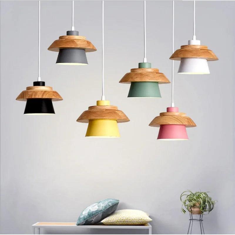 Nordique fer LED lustre couloir couloir entrée Restaurant lustre Simple Macaron en bois Sandwich lustre