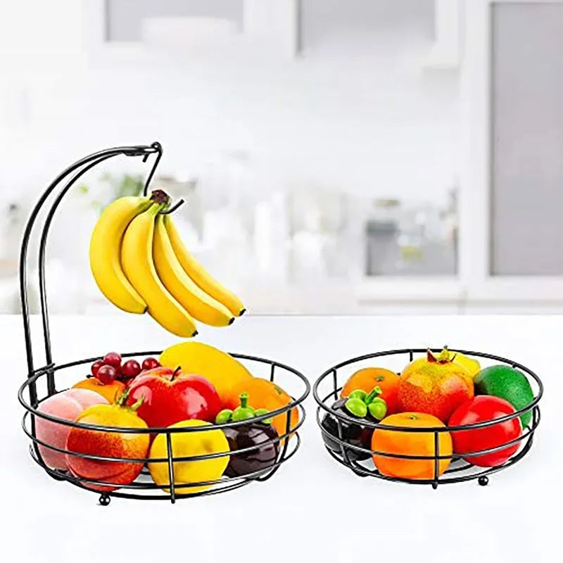 panier à fruits à deux niveaux avec support bananes en métal