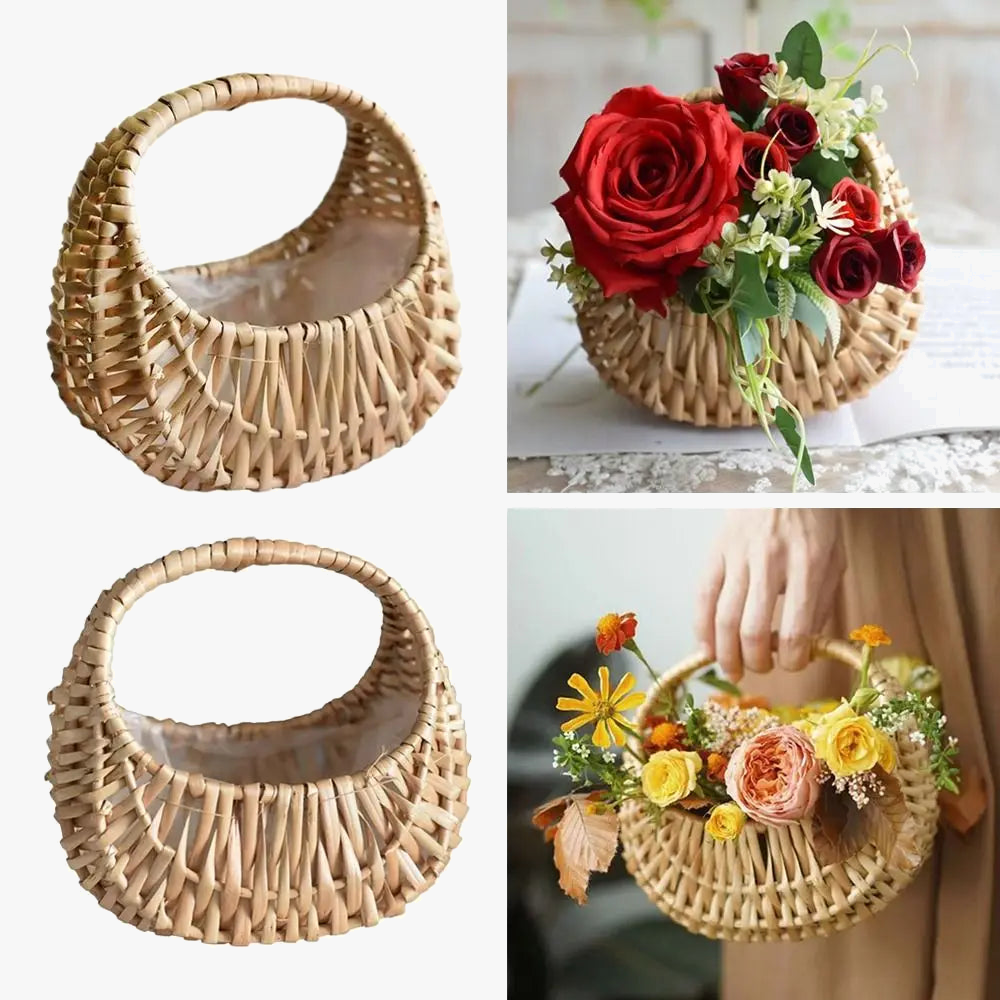 panier tressé en rotin demi-lune avec poignée robuste