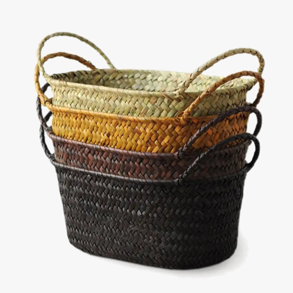 paniers de rangement en rotin et paille tressée pour plantes et objets divers