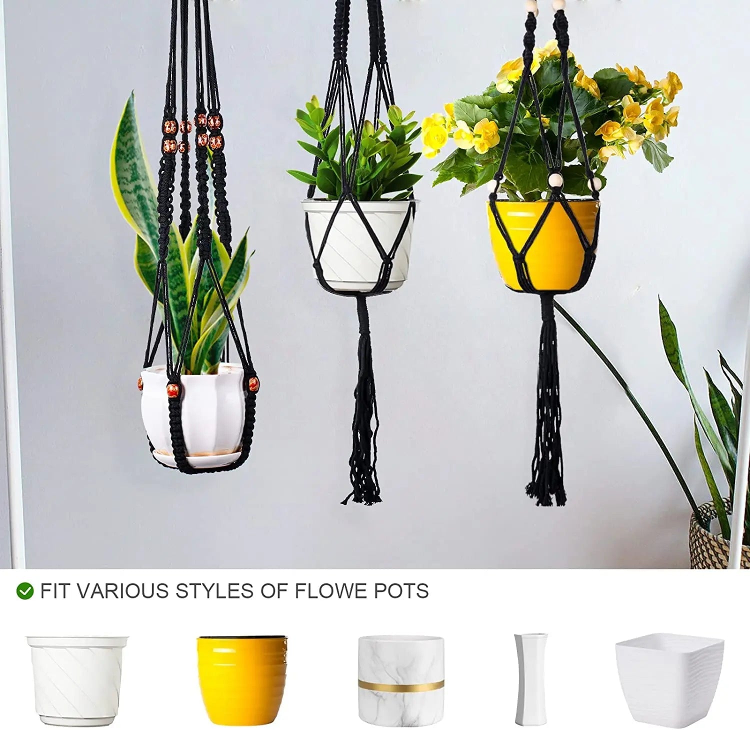 paniers suspendus en macramé pour plantes et décoration