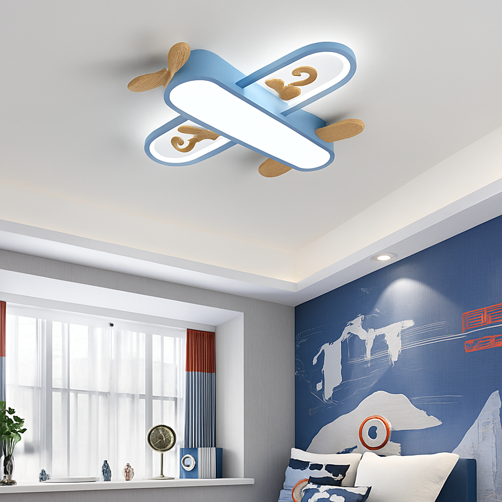 Plafonnier avion LED jaune bleu design minimaliste plafonnier en bois pour chambre d'enfant maison bébé garçons enfant suspension - vue 4 sur 10