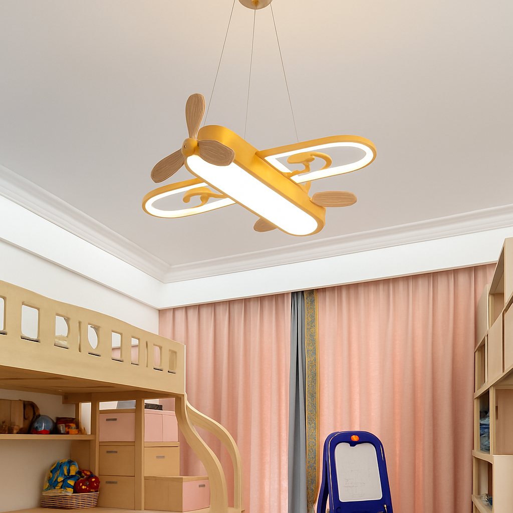 Plafonnier avion LED jaune bleu design minimaliste plafonnier en bois pour chambre d'enfant maison bébé garçons enfant suspension - vue 5 sur 10