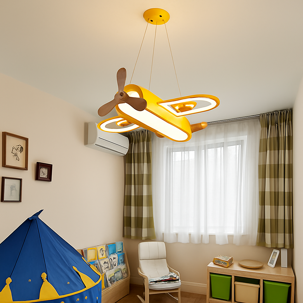 Plafonnier avion LED jaune bleu design minimaliste plafonnier en bois pour chambre d'enfant maison bébé garçons enfant suspension - vue 6 sur 10