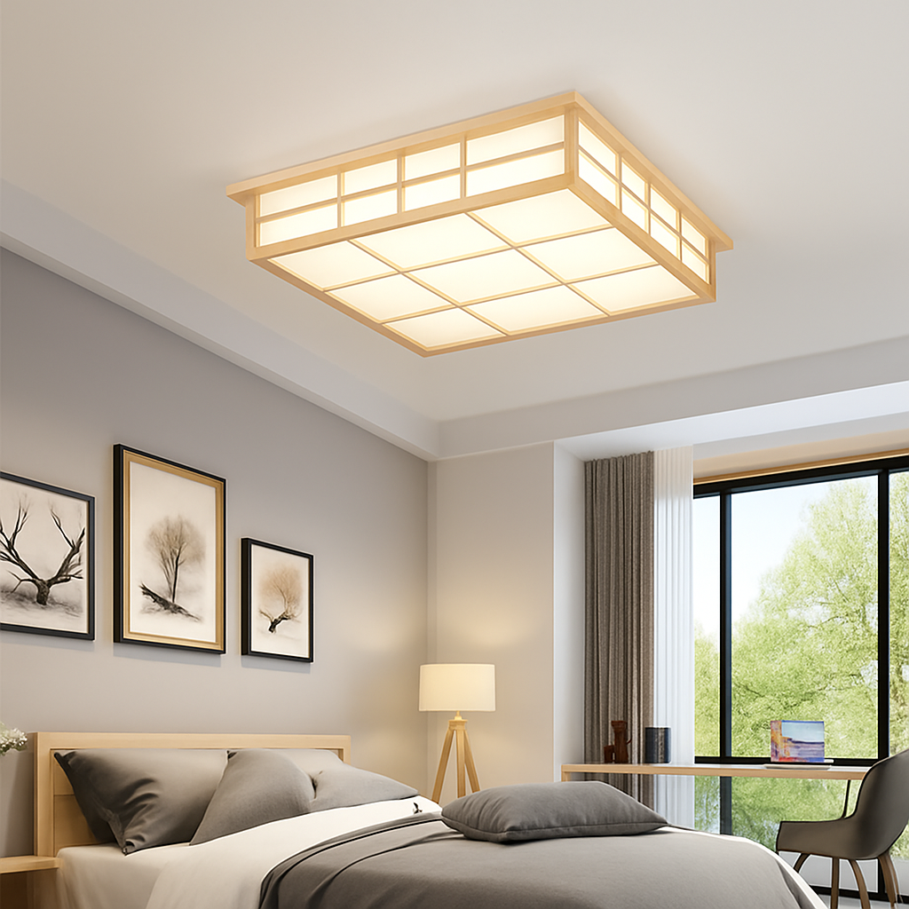plafonnier carré en bois japonais led pour cuisine restaurant - vue 4 sur 7