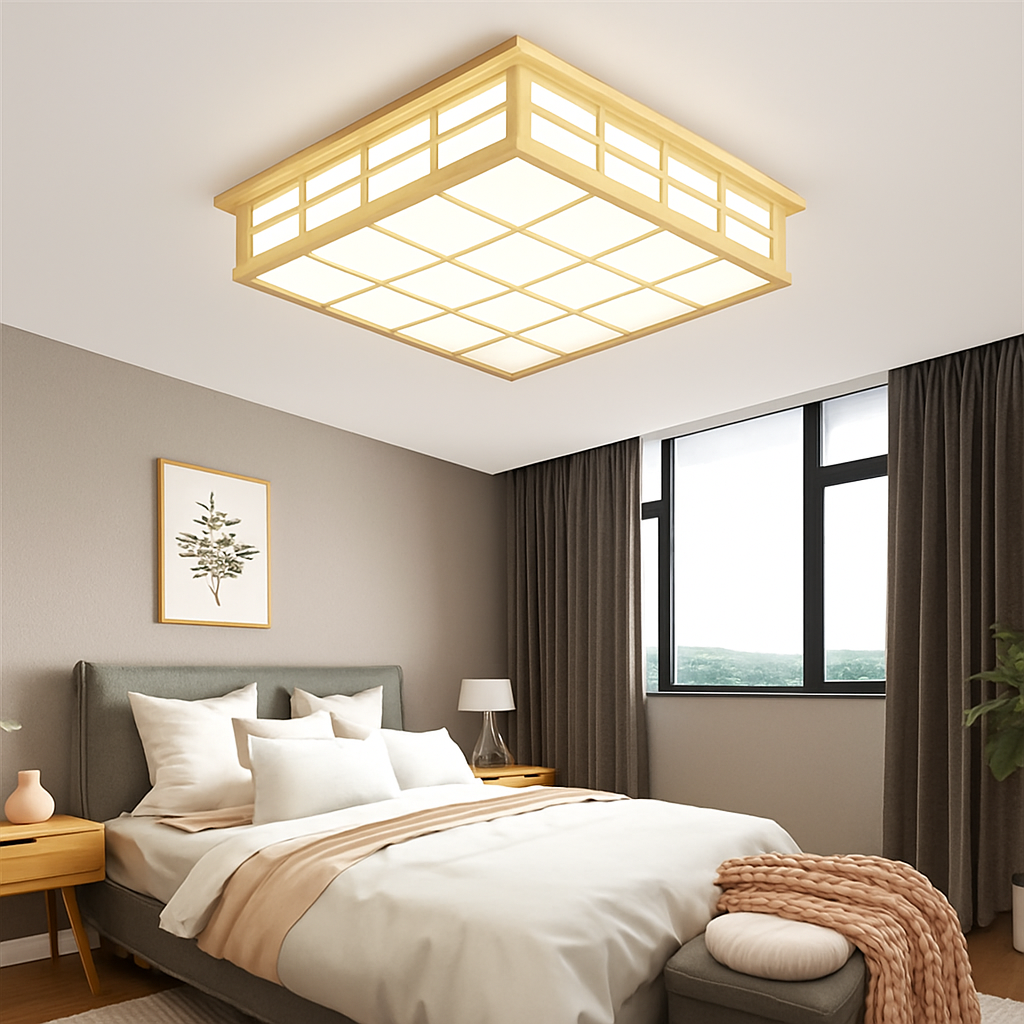 plafonnier carré en bois japonais led pour cuisine restaurant - vue 5 sur 7