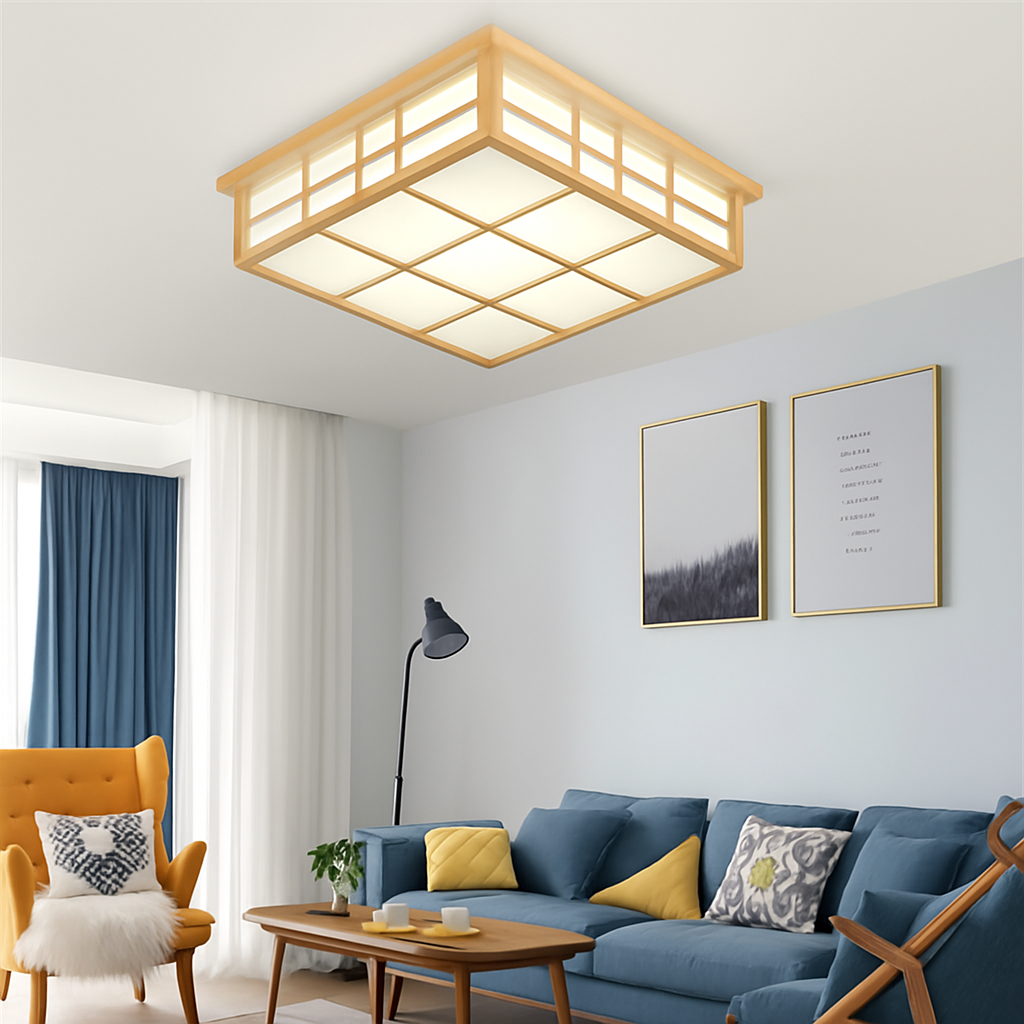 plafonnier carré en bois japonais led pour cuisine restaurant - vue 6 sur 7