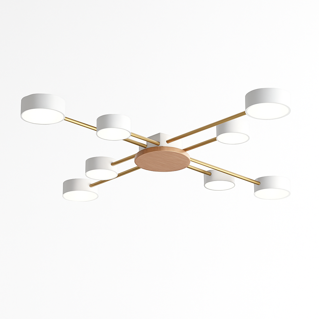 Plafonnier LED design en métal et bois avec plusieurs lampes rondes Aibiou - vue 5 sur 12
