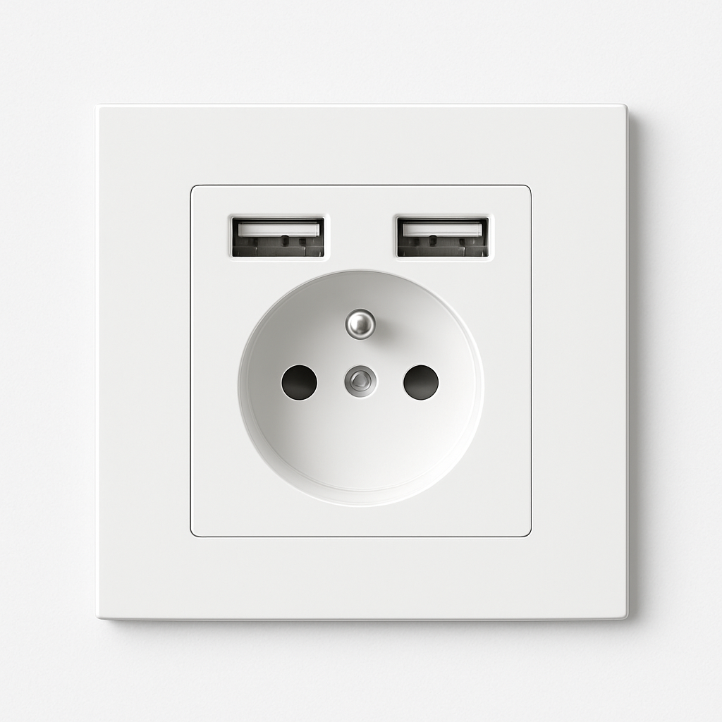 Prise électrique et double USB en acier blanc mat