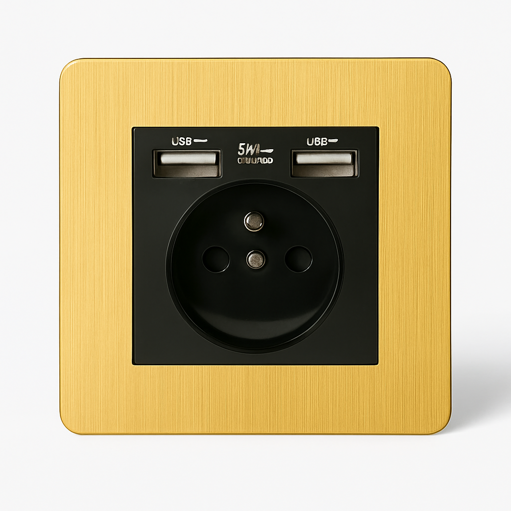 Prise électrique et double USB en acier doré brossé bords arrondis