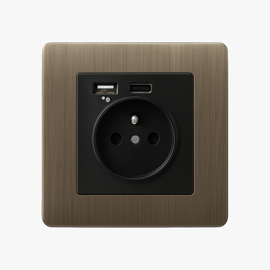 Prise électrique et double USB et USB type C en acier gris brossé bords arrondis