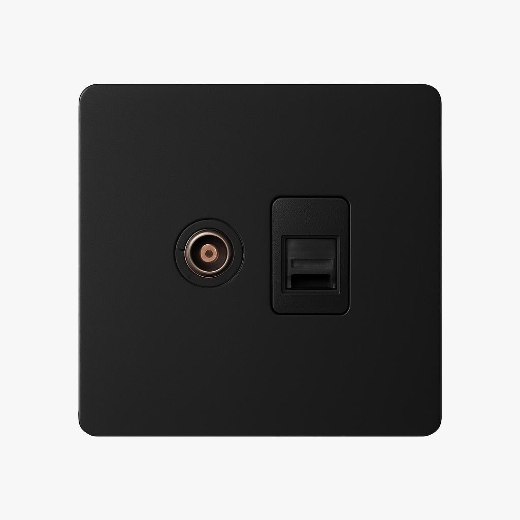Prise TV et RJ45 en acier noir mat bords arrondis