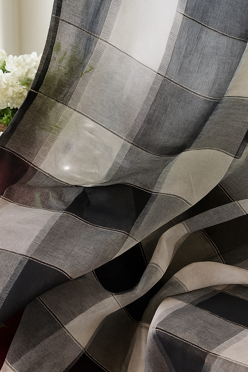 rideau transparent beige motif carreaux retro