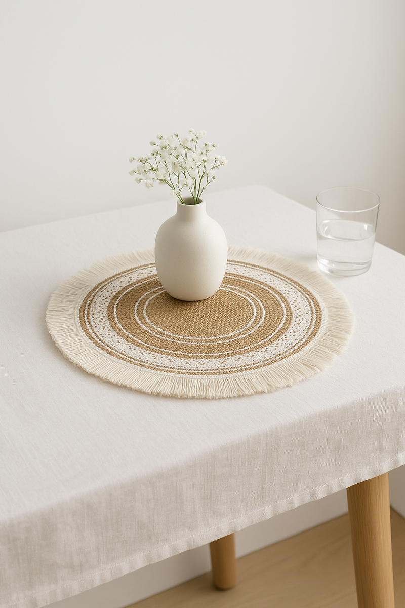 Set de table rond rustique bambou tressé pompons