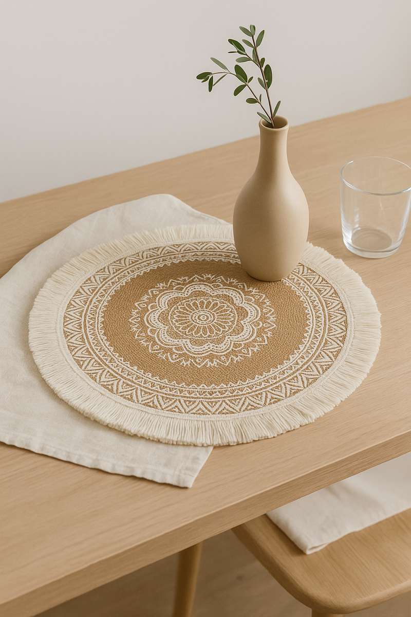 Set de table rond tressé style champêtre pompons