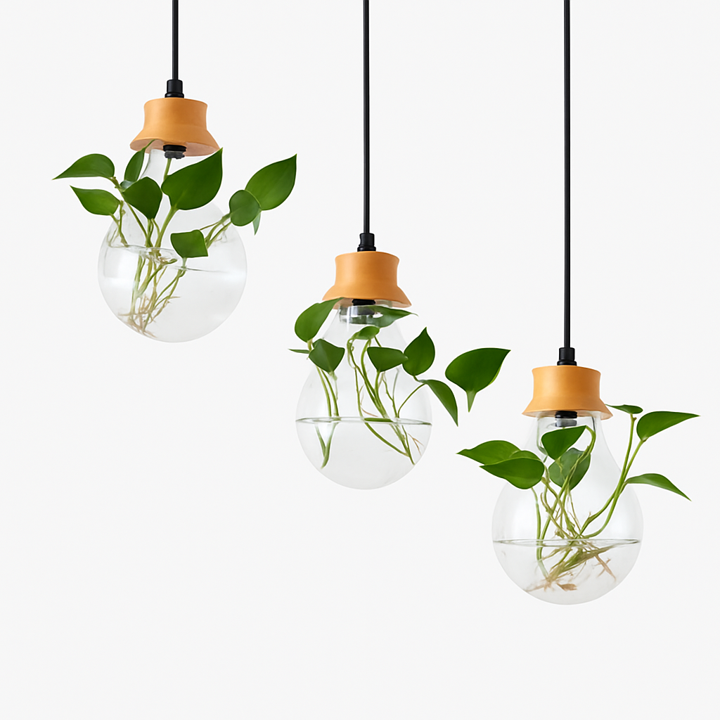 Suspension bocal en verre à fleur et support en bois - vue 6 sur 5
