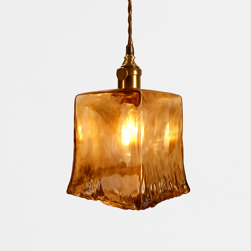 Suspension design à LED avec abat-jour en verre ambré Rétro