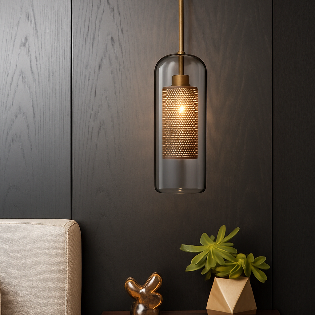 Suspension design LED avec abat-jour industriel et boule en verre Loft