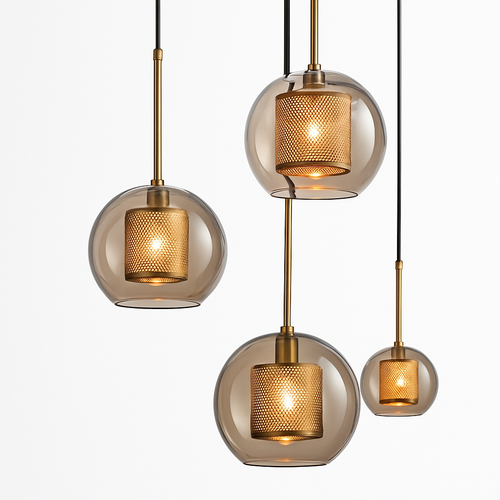 Suspension design LED avec abat-jour industriel et boule en verre Loft