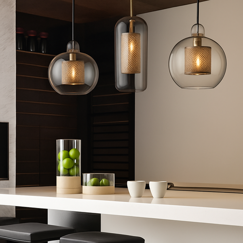 Suspension design LED avec abat-jour industriel et boule en verre Loft