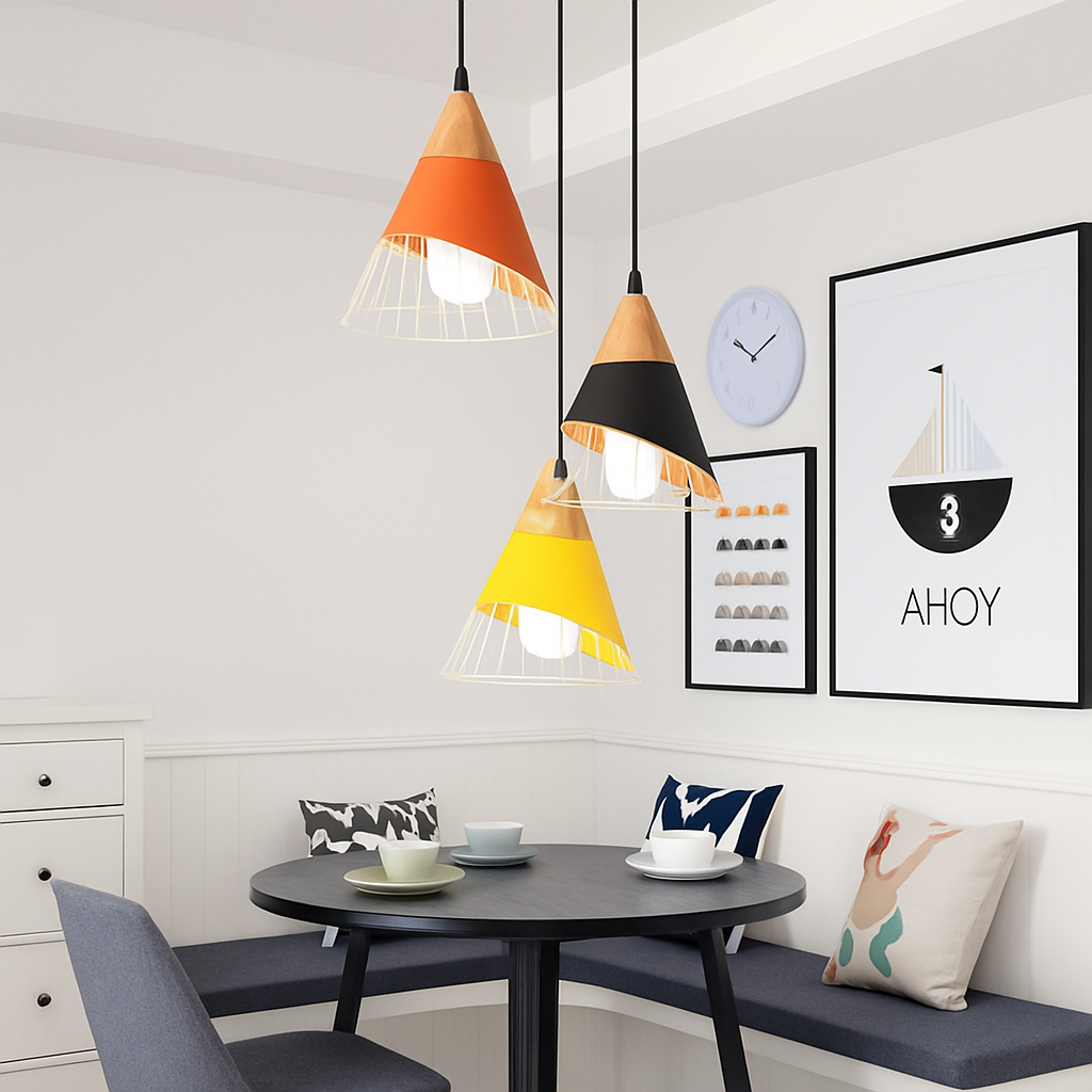Suspension design LED en bois et cage de couleur - vue 3 sur 8
