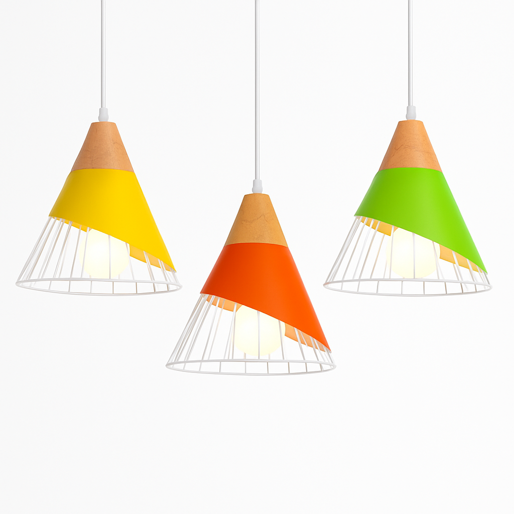 Suspension design LED en bois et cage de couleur - vue 4 sur 8