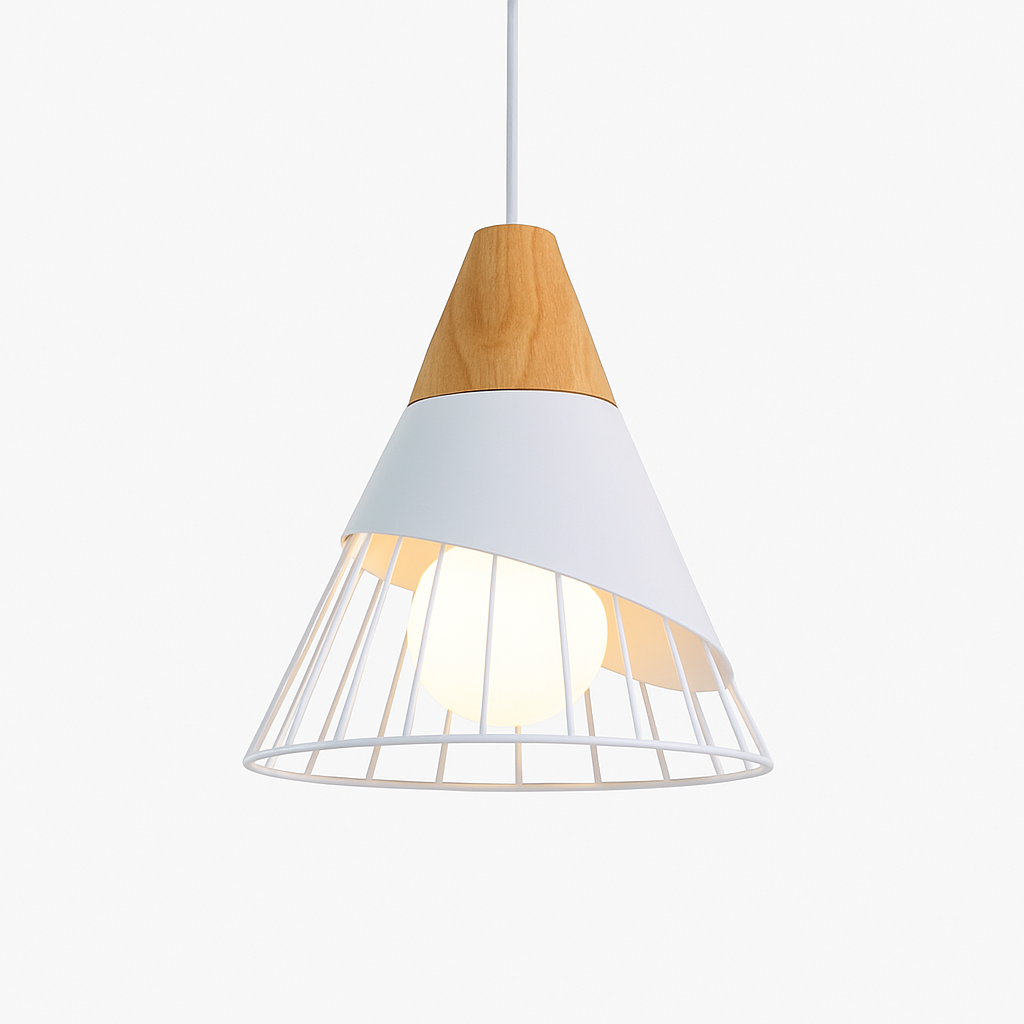 Suspension design LED en bois et cage de couleur - vue 5 sur 8