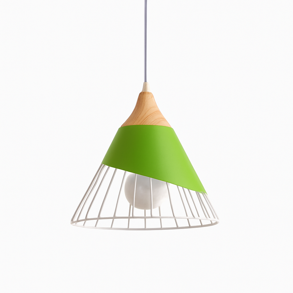 Suspension design LED en bois et cage de couleur - vue 7 sur 8