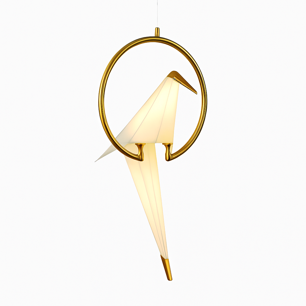 Suspension design LED oiseau dans cerceau doré