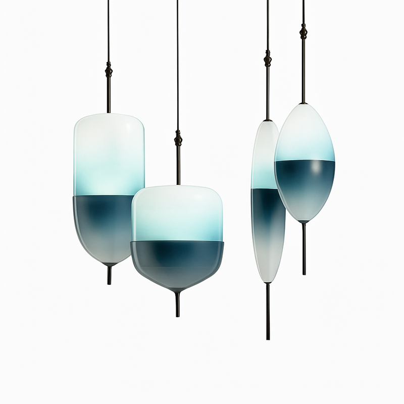 Suspension design moderne en verre en forme de goutte bleue