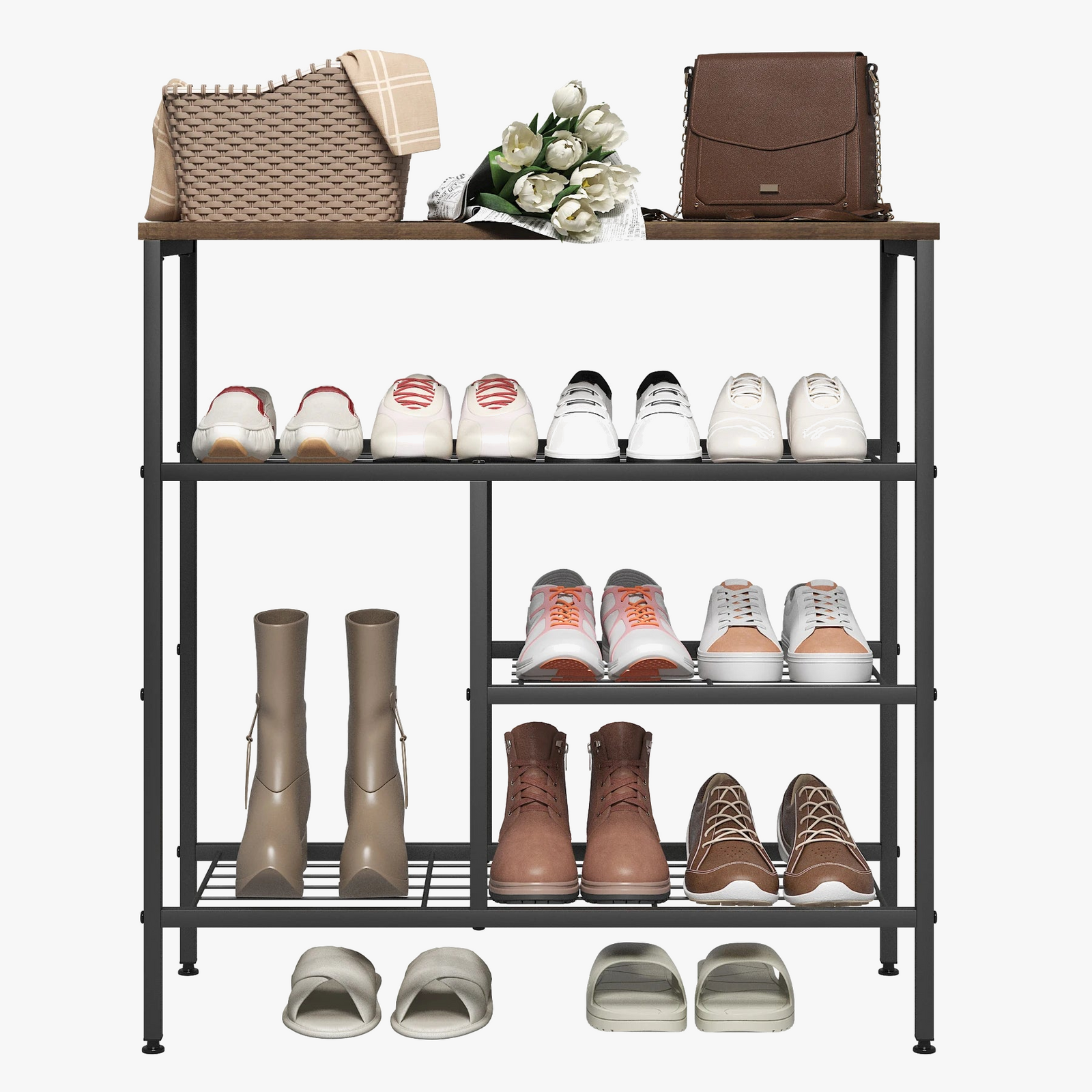 étagère à chaussures en métal avec 4 niveaux de rangement ouverts