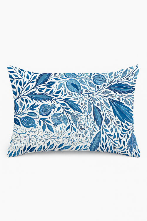 taie d'oreiller rectangulaire fleurs et feuilles bleues décoratives